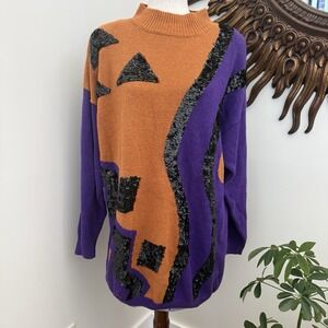 Vintage 80s Studio C 2X Sequin Geometric Tunic Sweater Purple Orange F/W